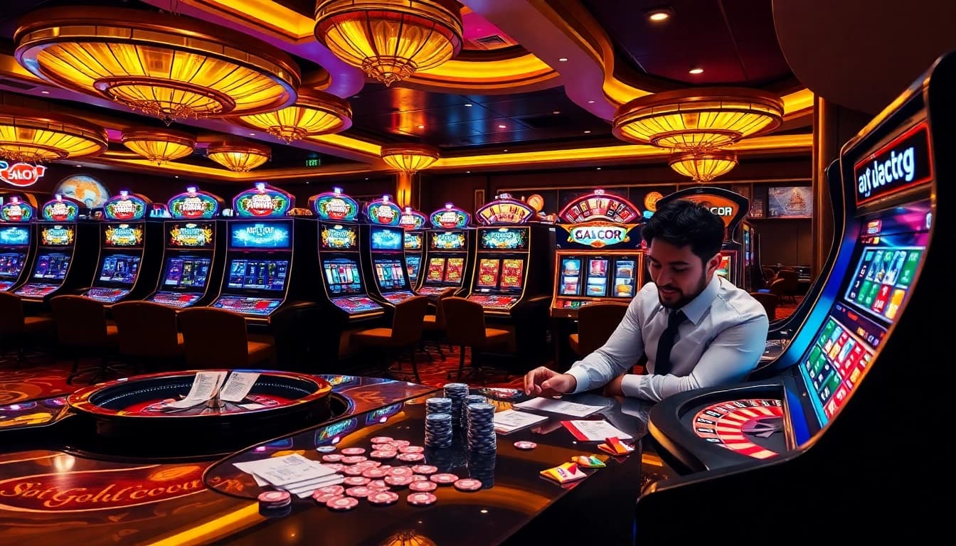 Experience the thrill of slot gacor at a luxurious casino with vibrant machines and betting slips.