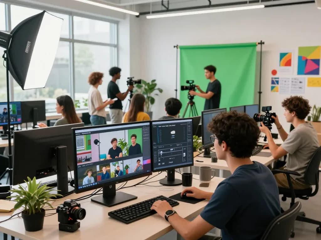 Collaboration of diverse content creators using Seedance 2.0 for innovative video projects in a modern studio.