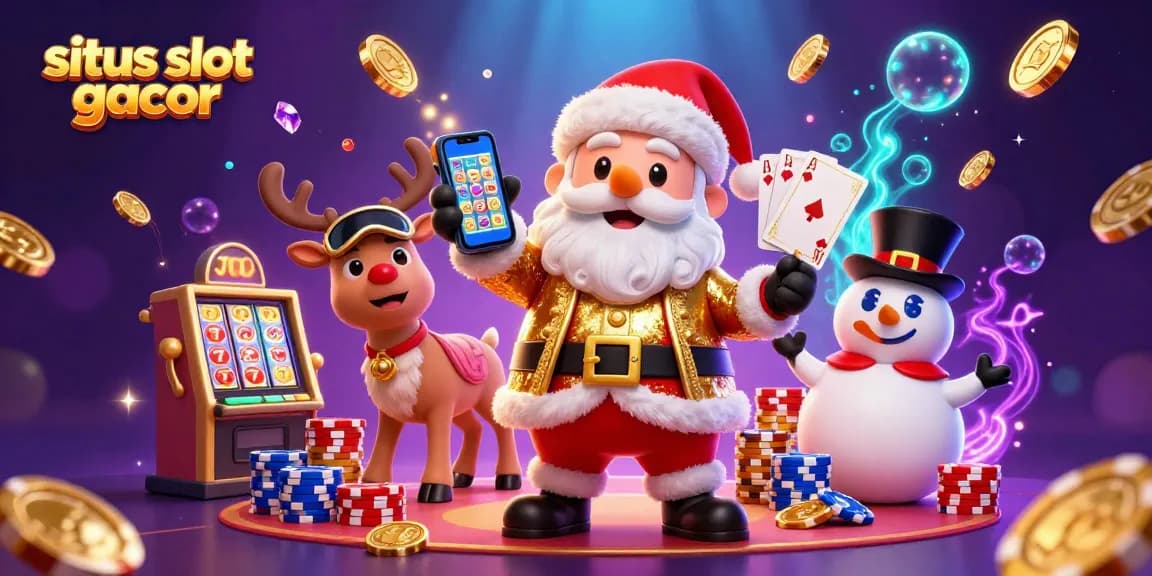Experience the thrill of situs slot gacor with Santa Claus, his reindeer, and a snowman in a vibrant casino scene.