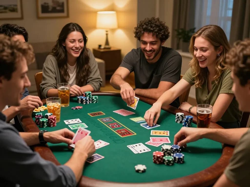Engaged friends enjoying blackjack at home, representing online casinos in Canada gaming culture in a lively atmosphere.