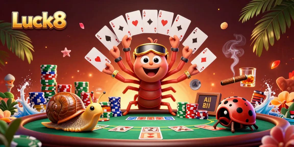 Luck8 cartoon dealer fanning cards at a vibrant poker table surrounded by chip stacks.