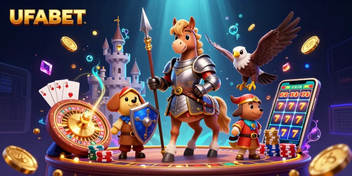 Bet on games with UFABET, featuring vibrant characters, coins, and casino elements.