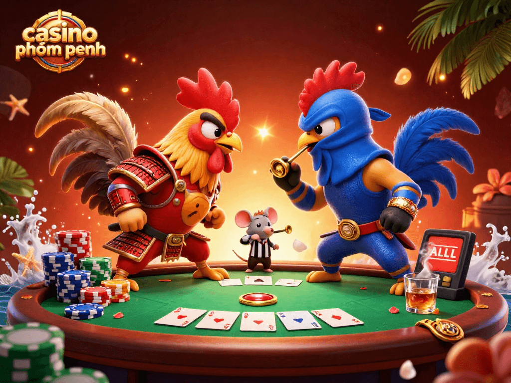 Engage in thrilling battles at casino phnom penh with 3D cartoon fighting roosters and poker elements.