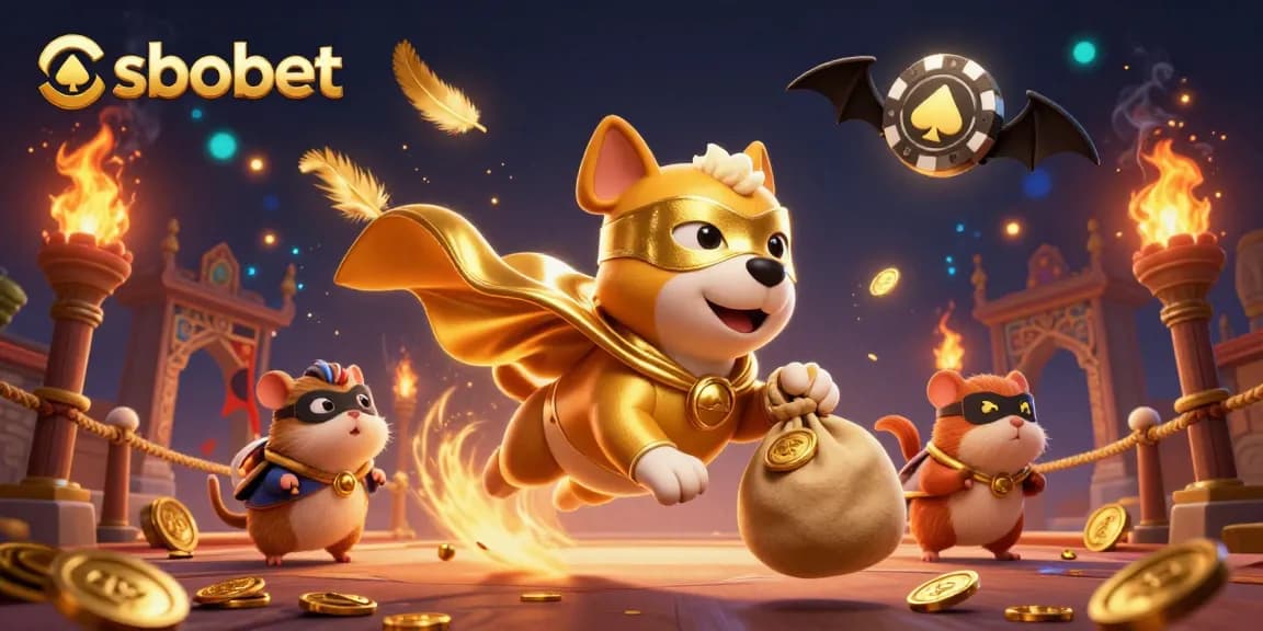 Experience sbobet gaming excitement with a superhero dog and sidekick, surrounded by vibrant casino elements.