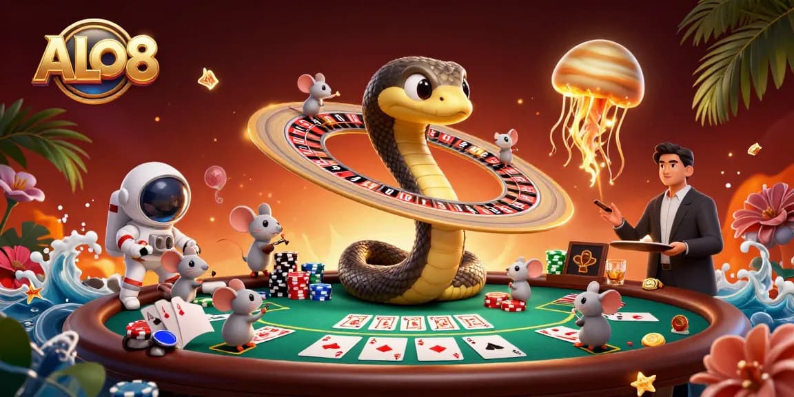 Experience ALO8 excitement as cartoon mice bet around a cosmic roulette wheel with vibrant casino elements.