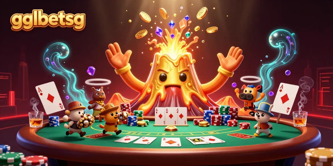 gglbetsg brings excitement with a golden volcano erupting treasure amidst a thrilling poker scene.