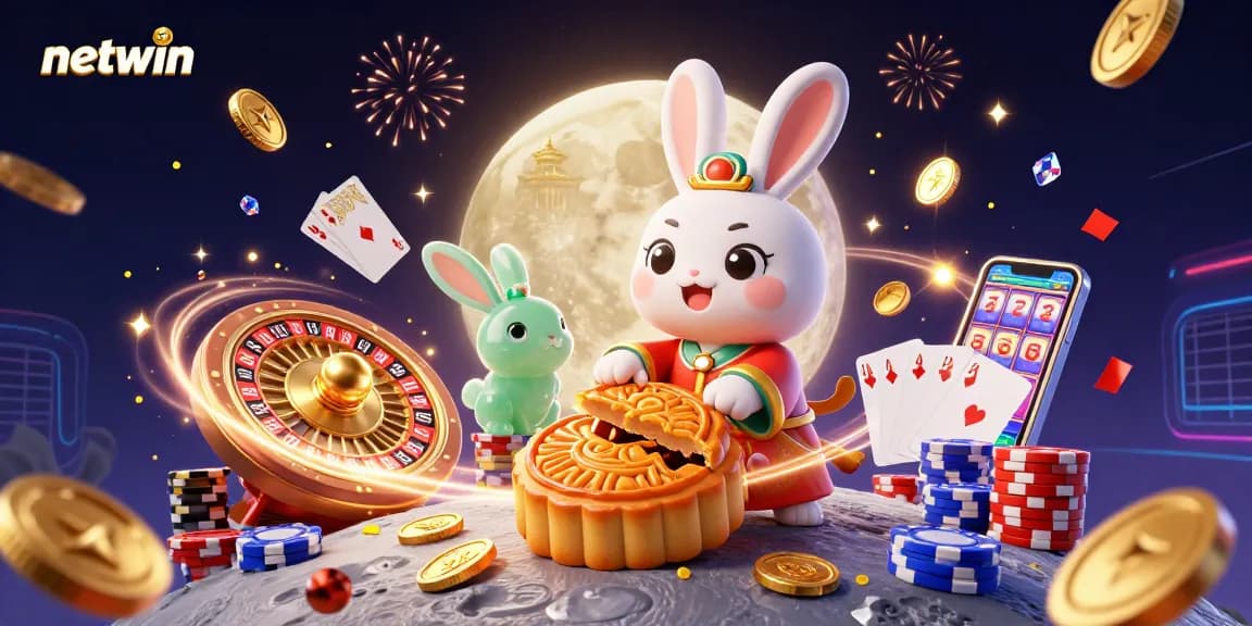 Netwin showcases excitement with a moon rabbit battling for poker chips and gold in a vibrant scene.