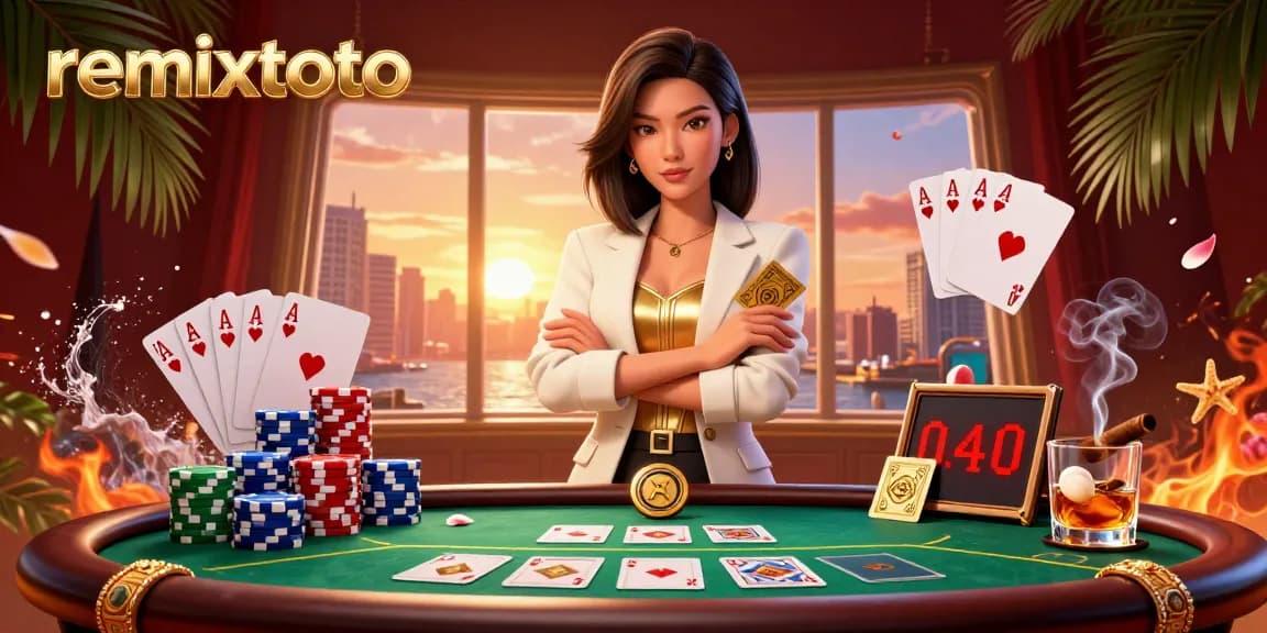 Experience the excitement at remixtoto with a glamorous Asian woman holding cards amidst vibrant gaming elements.