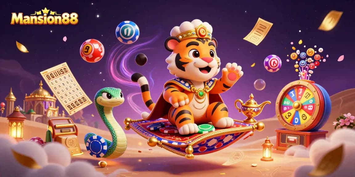 Mansion88 showcases a vibrant scene with an Arabian tiger sultan and dynamic gaming elements enhancing player engagement.