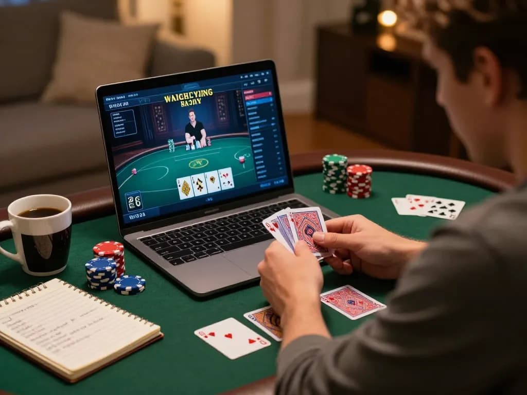Engaging online poker session featuring qq88 player analyzing cards with strategic notes and coffee in a cozy home.