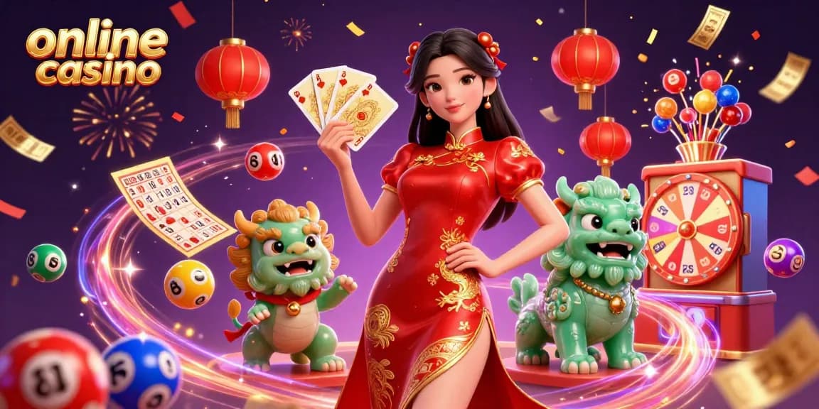 Experience the vibrant online casino excitement with our illustration showcasing dynamic game elements and an elegant character.