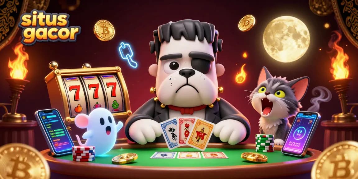 Play exciting casino games with situs slot gacor, featuring a spooky scene of a Frankenstein bulldog and friends.