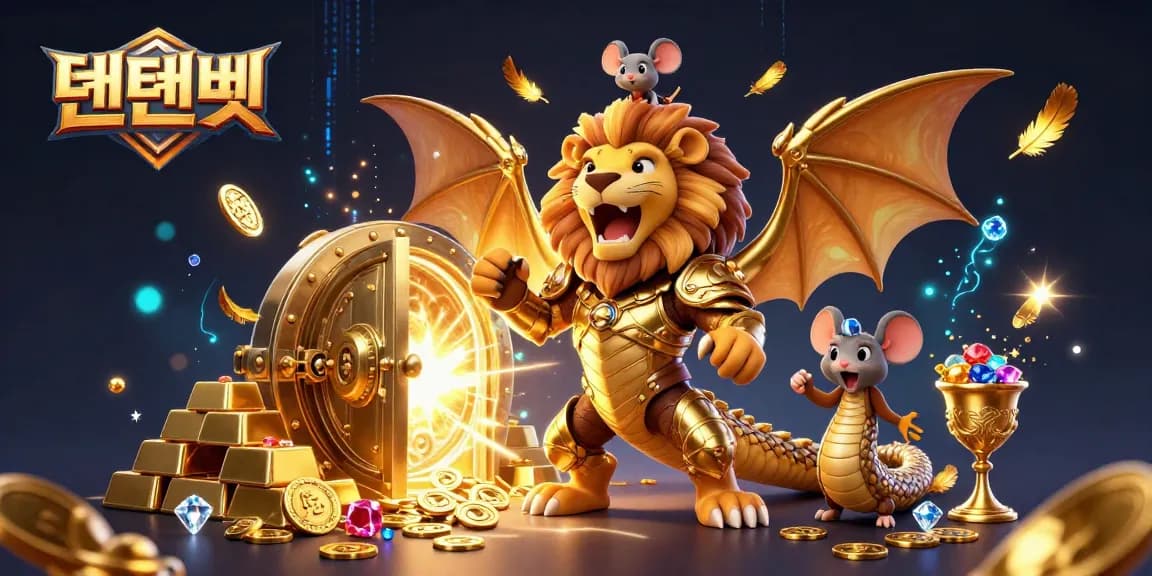 Experience the thrill of 텐텐벳 with an exciting illustration of the roaring chimera and treasure!