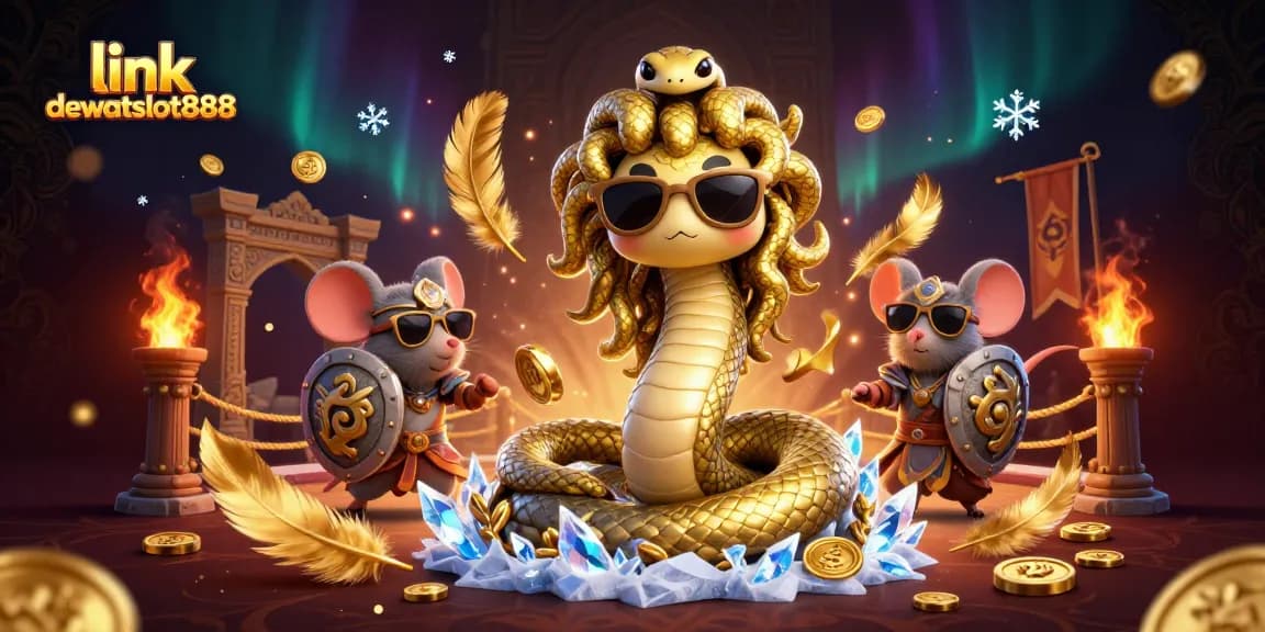 Mainkan kartu di link dewataslot888 dengan Medusa dan pahlawan tikus dalam suasana kasino yang ramai.