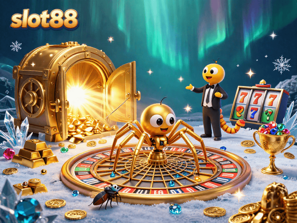 Engage in thrilling slot88 gameplay with a golden spider and croupier in an immersive casino scene.