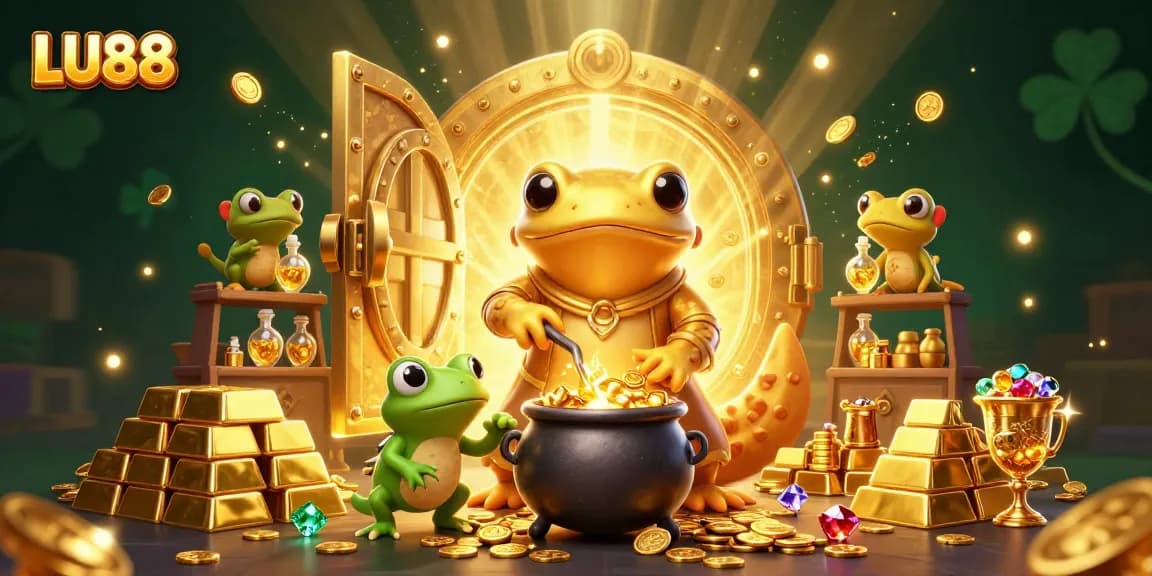 LU88 showcases a golden alchemist and assistants turning base metals into gold, highlighting casino wealth