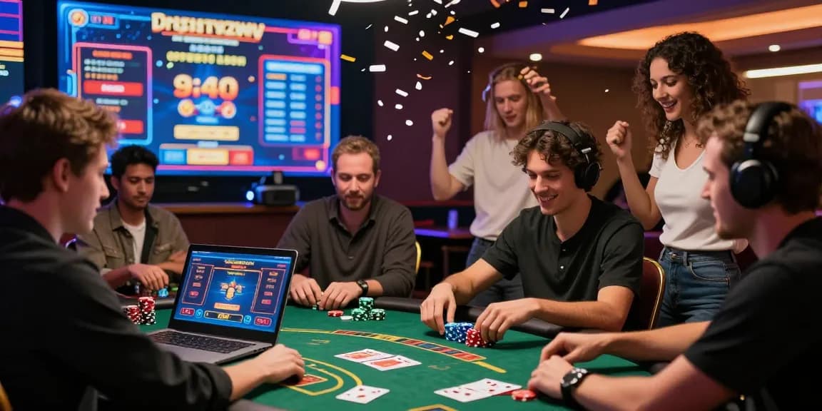 Players engaging in the best online casinos with vibrant games, celebrating wins and showcasing technology.