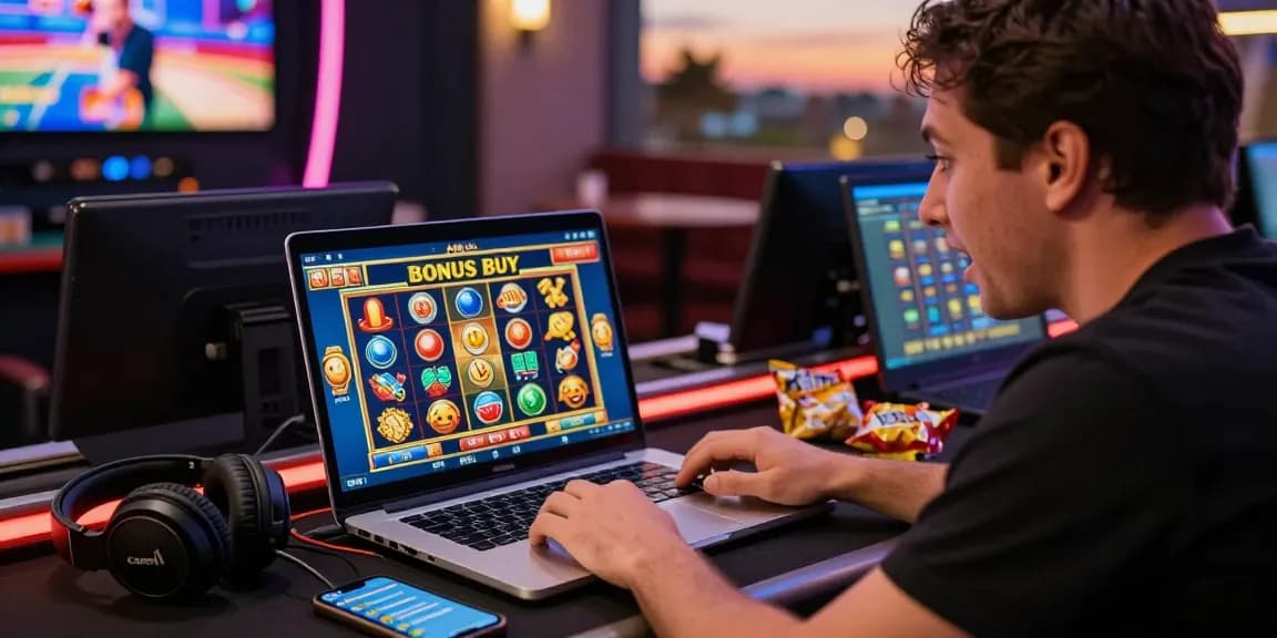 Exciting gaming environment at https://chagency.co.uk with a player engaged in Bonus Buy slots on their laptop.