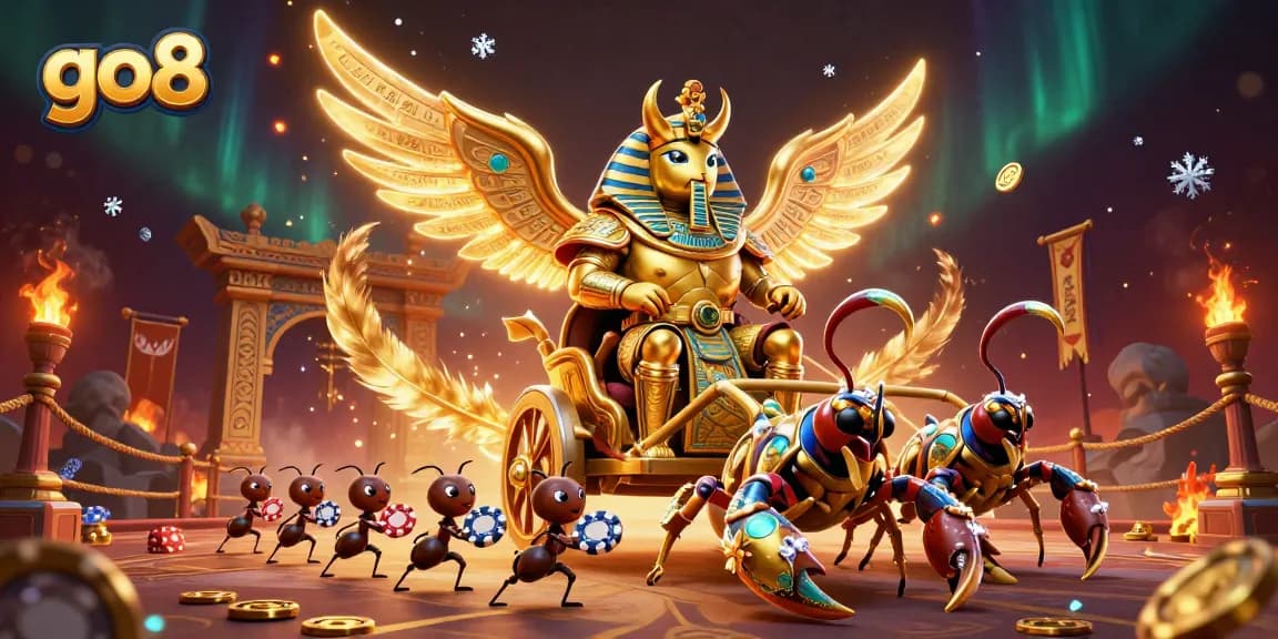 Engage with GO8's thrilling gaming adventure featuring a colossal golden beetle amidst rich casino elements.