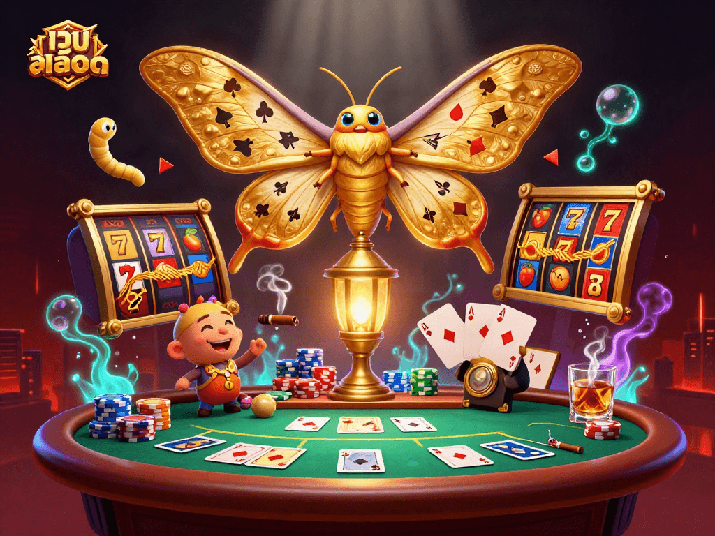 Engage with เว็บสล็อต in this vibrant 3D illustration showcasing slot reels and poker elements.
