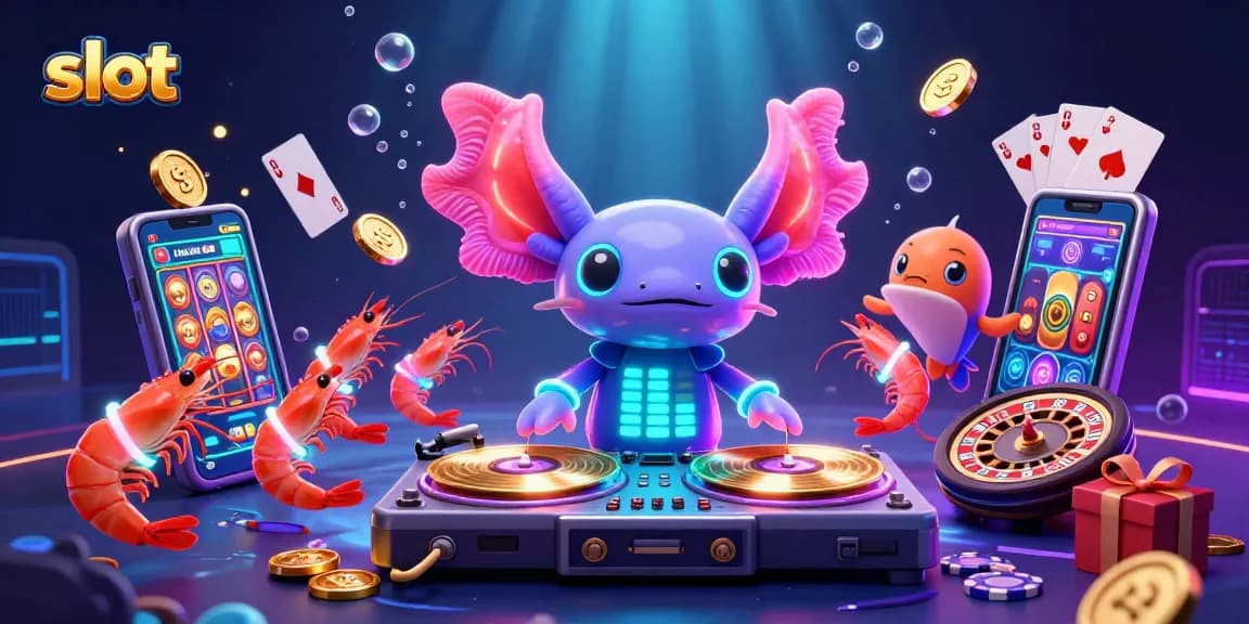 Mencoba slot dengan tajuk menarik di depan DJ axolotl neon mewarnai permainan kasino.