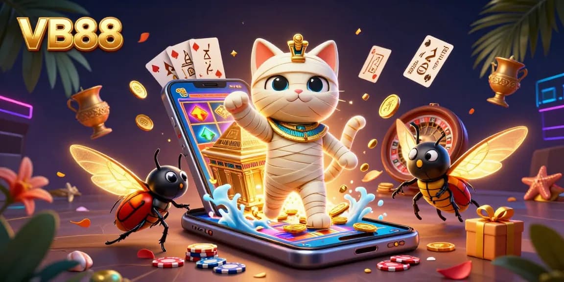 Engage in dynamic gameplay with VB88 featuring an Egyptian mummy cat and casino symbols in vibrant action.