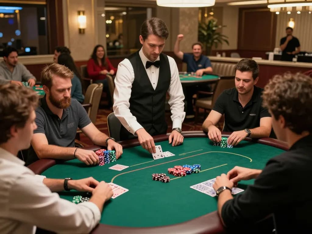 A vibrant poker game scene featuring players engaged in strategic gameplay while chips stack high, showcasing casinosscope in a lively casino atmosphere.
