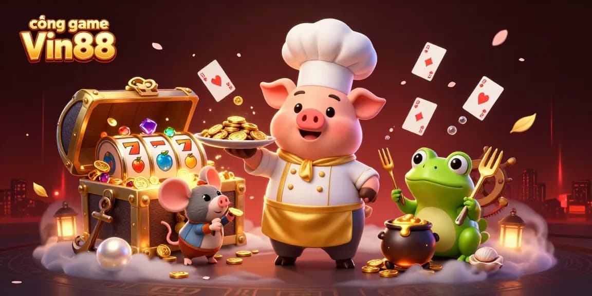 Experience exciting gameplay at cổng game Vin88 with vibrant slot reels, gold coins, and lively characters.