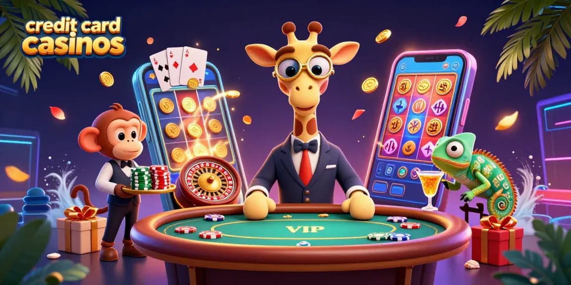 Engage in fun at credit card casinos with quirky characters enjoying lively gaming activities.