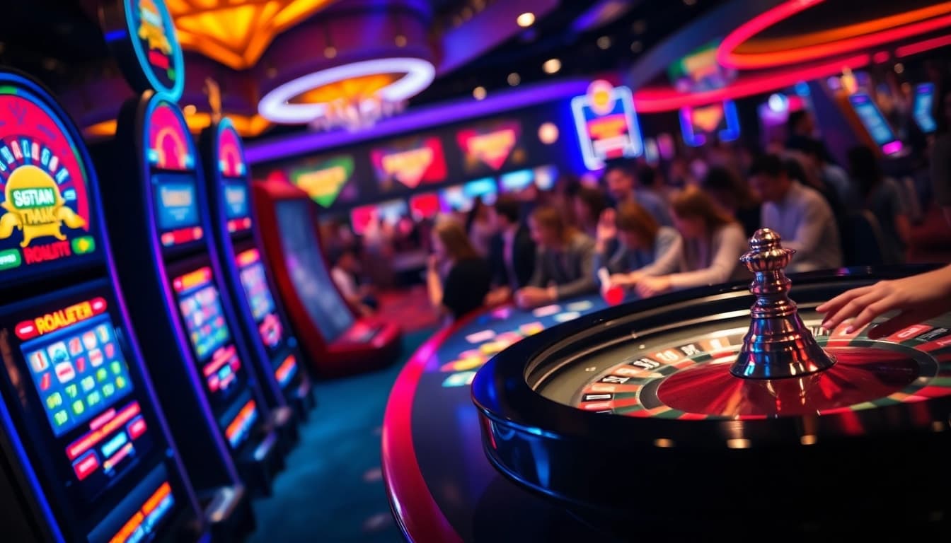 Menggoda pemain di casino bbni4d dengan suasana ceria dan mesin slot berwarna-warni.