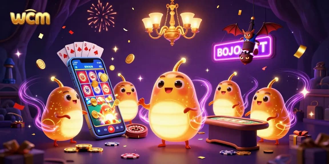 Win big with wcm's vibrant online casino illustration showcasing glowworms in a magical cave setting.