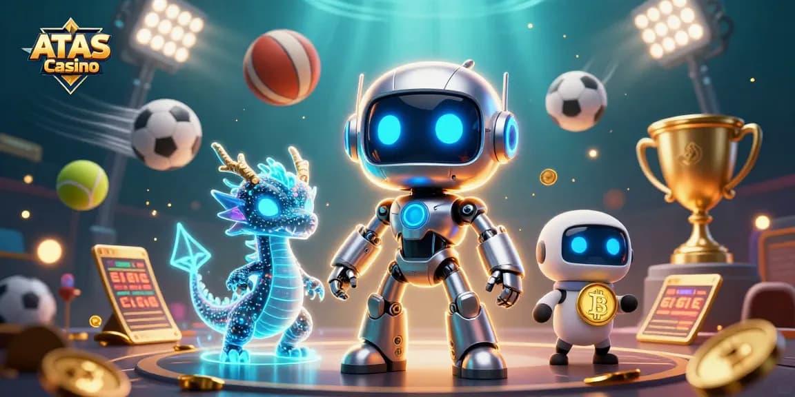 Experience excitement at ATAS Casino with a vibrant 3D scene of gaming elements and characters.