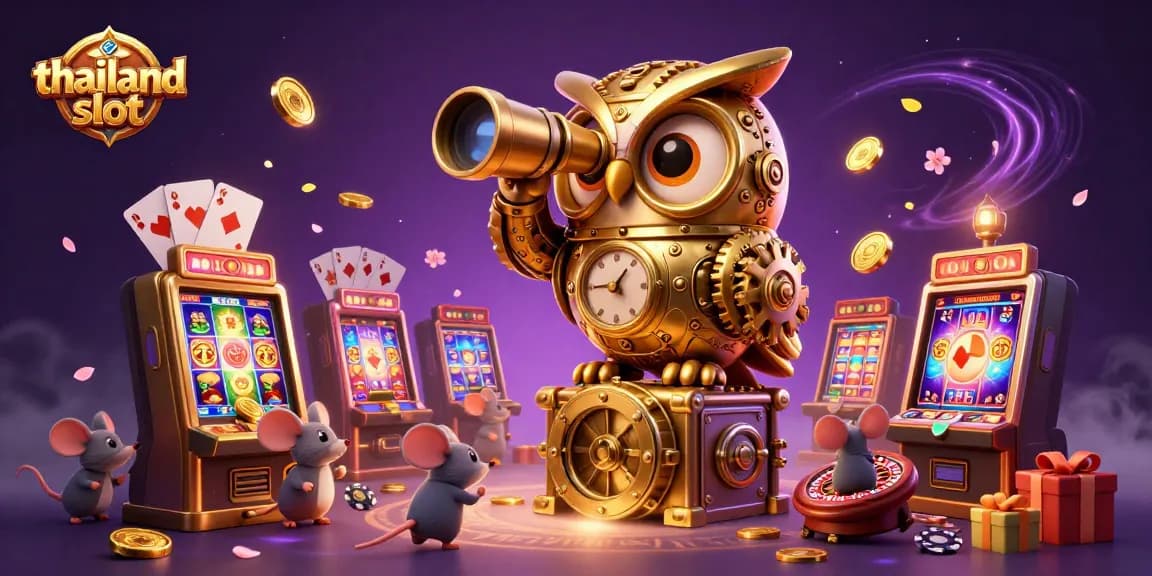 Engage with thailand slot action featuring a golden owl overseeing a vibrant casino scene brimming with excitement.