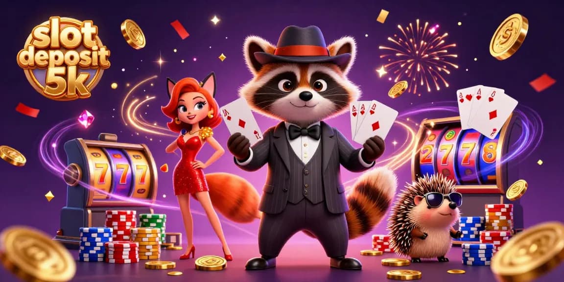 Engage with the thrilling slot deposit 5k scene featuring a raccoon in fine attire, surrounded by casino elements.