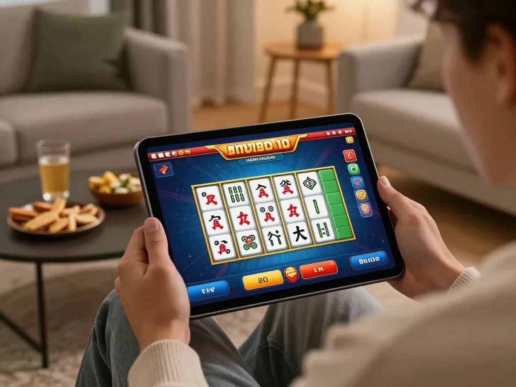 Player enjoys slot mahjong on tablet in a cozy home setting with vibrant graphics.