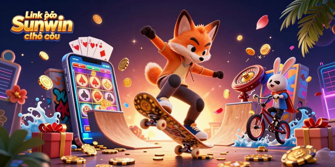 Experience the excitement of the Link vào Sunwin chính thức with a lively 3D casino illustration showcasing gaming elements.