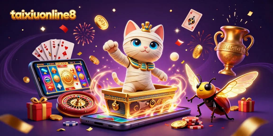 Experience the excitement of taixiuonline8 with a vibrant illustration of a cartoon Egyptian mummy cat and casino elements.