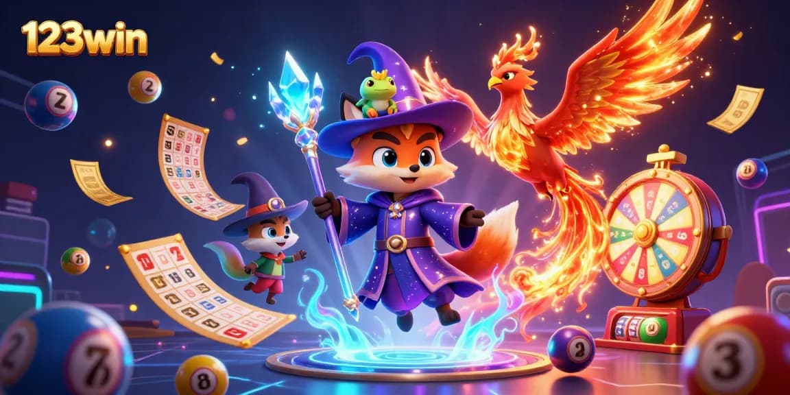 Engage with vibrant 123win game scenes showcasing colorful lottery elements and a magical 3D character ensemble.