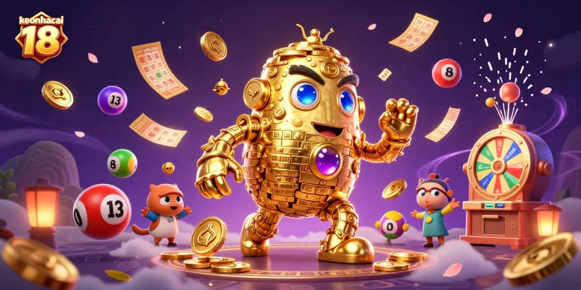Engage with the vibrant world of keonhacai 18 as golden golems spin lottery balls and golden tickets.