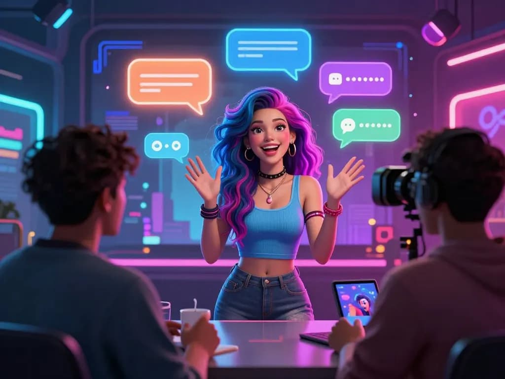 Character from CrushOn AI engaging in flirty chat, showcasing NSFW AI interactions with vibrant digital elements.