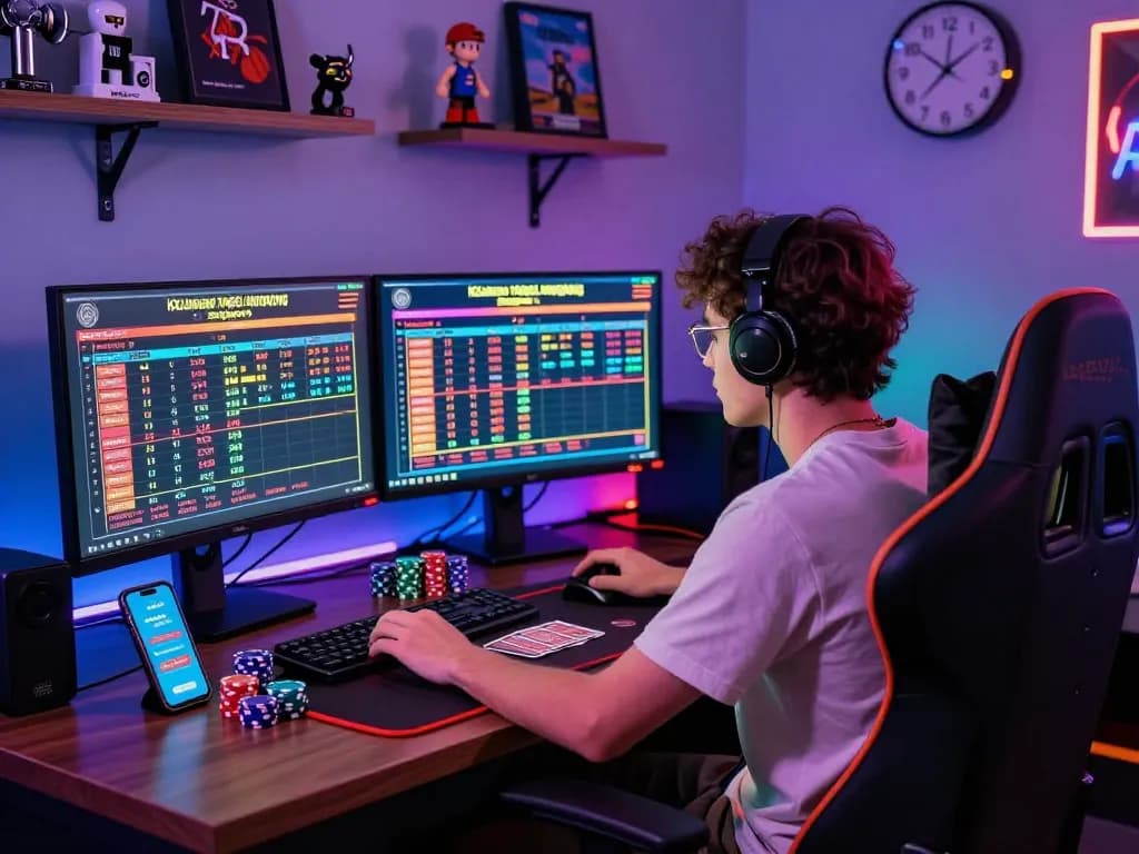 Keluaran togel hongkong singapore displayed on monitors in an intense online gambling scene