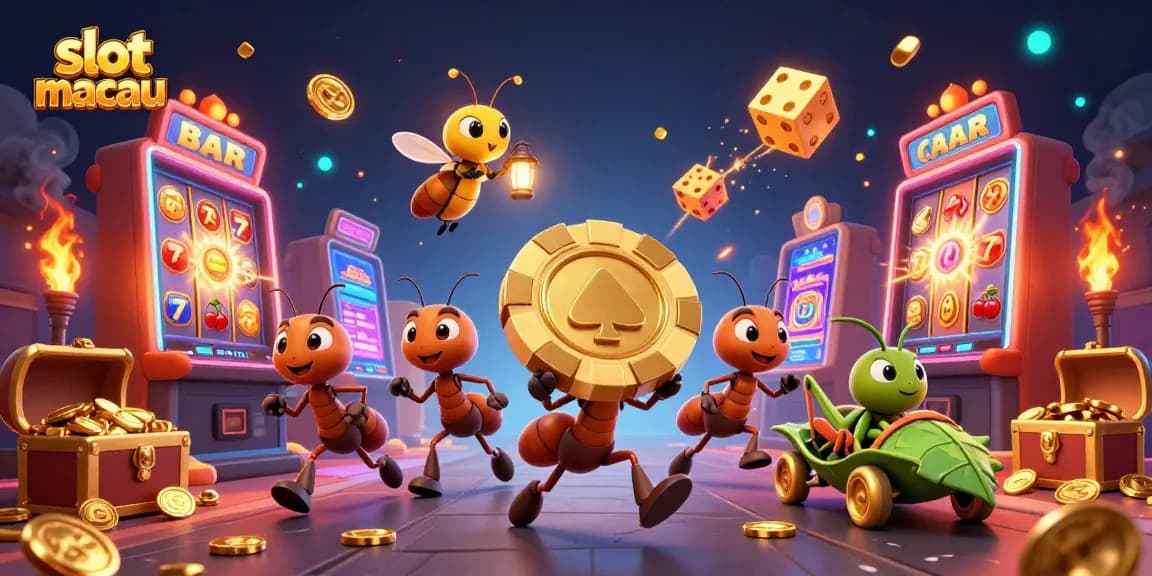 Catch the excitement in slot macau with ants carrying a massive golden poker chip in a thrilling casino heist.