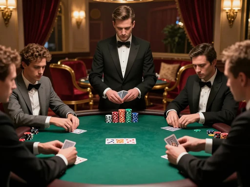 Engaged players calculate their strategies at a poker table in LuckyIndex casino.