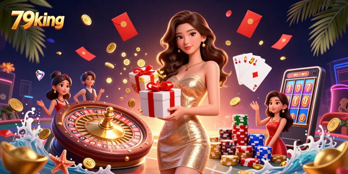 Experience exhilarating gaming with 79king, featuring a festive casino scene with golden coins and vibrant celebrations.