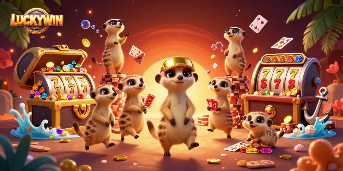 Experience thrilling action at LUCKYWIN's vibrant casino with meerkats managing gameplay and jackpots.
