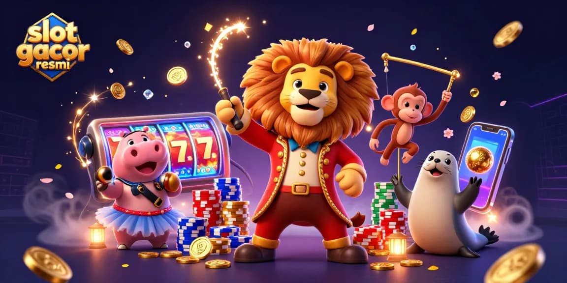 Experience the thrill of slot gacor resmi with vibrant casino characters amidst a jackpot of golden coins and festive elements.