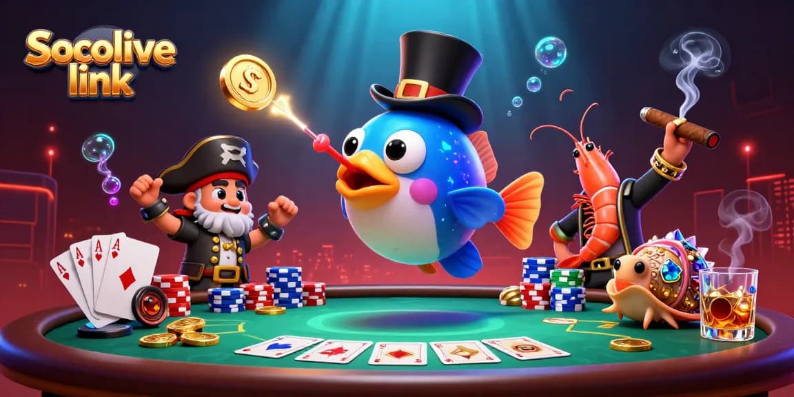Engage with the Socolive link showcasing a vibrant underwater casino scene filled with poker elements and animated sea creatures.