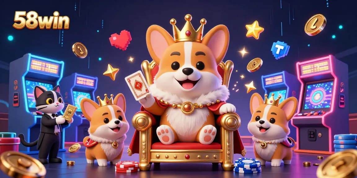 Engage in thrilling gaming with 58win alongside a royal corgi and vibrant arcade machines.