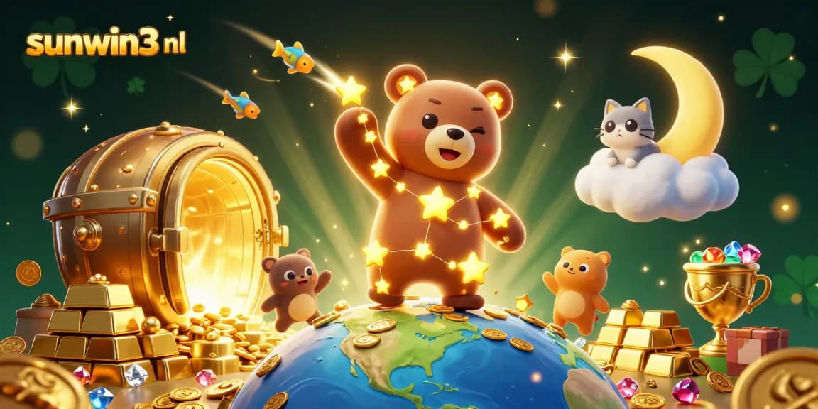 Engage with sunwin3 nl to win coins overflowing from a treasure vault, featuring casino-themed characters.