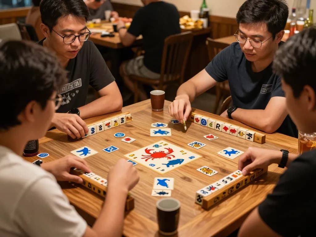 Players enjoying a lively game of น้ำเต้าปูปลา at a wooden table, showcasing vibrant animal symbol dice.